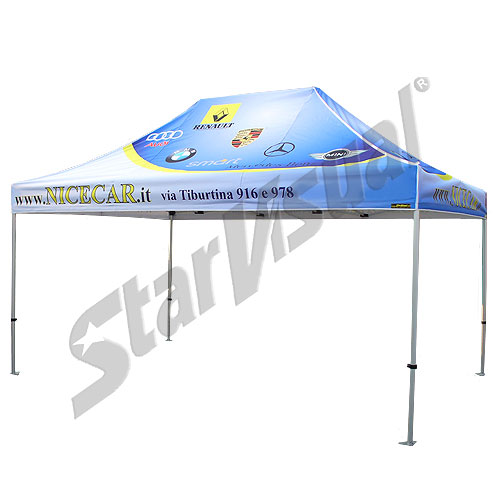 Gazebo 4,5x3 mt personalizzato con TETTO STAMPATO richiudibile automatico e pieghevole a fisarmonica - serie ELEGANT